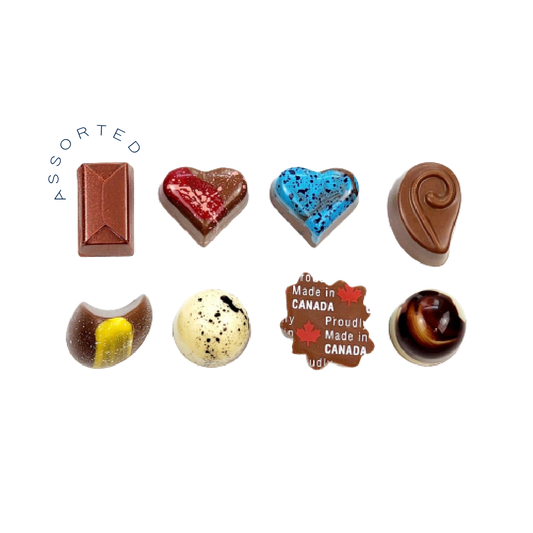 8 pieces of chocolate bonbons in different colours and decorations that say 'assorted' on top of them.